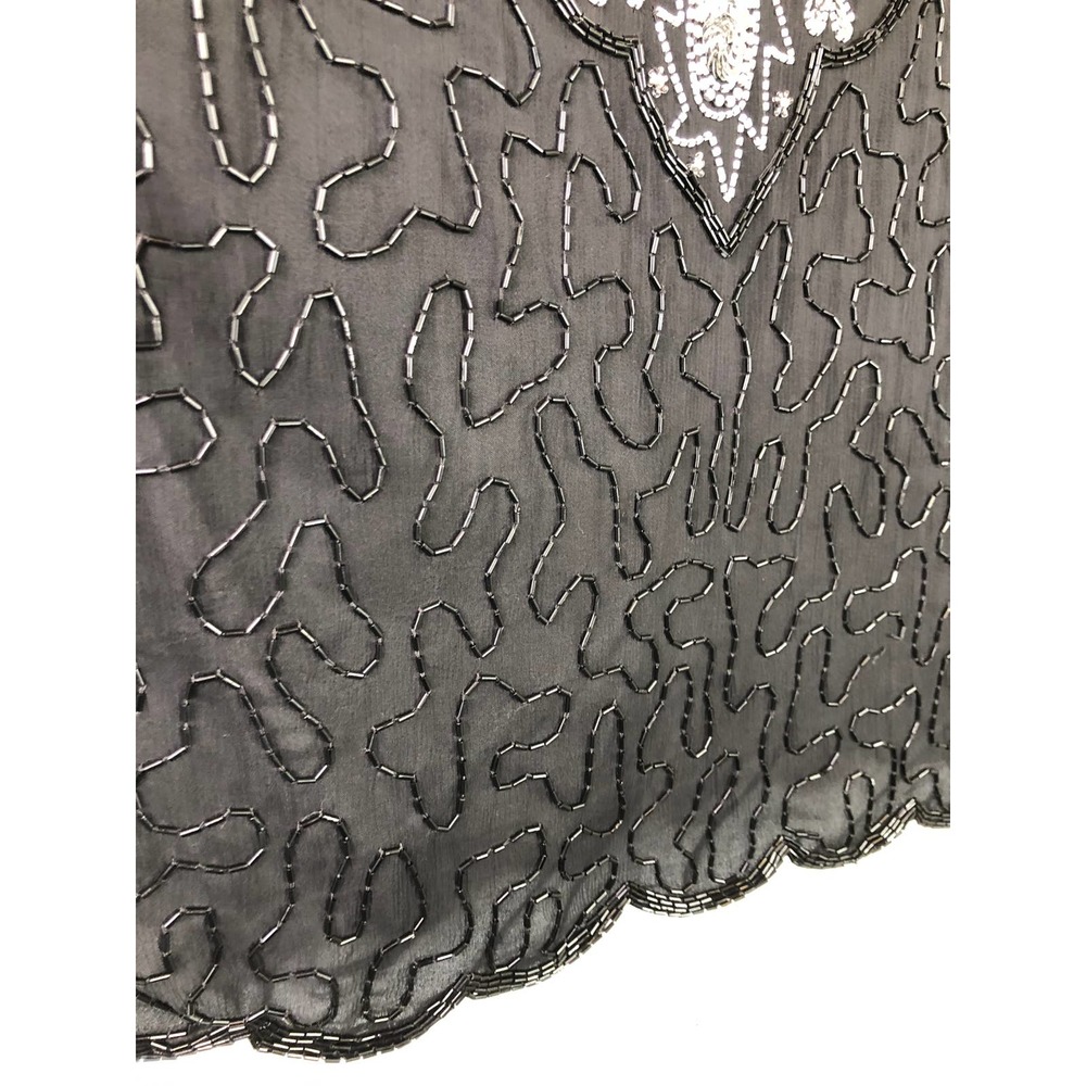 Laurence Kazar Vintage Short Sleeve silk top, Beaded, Black & Silver, Sz L - Picture 2 of 11